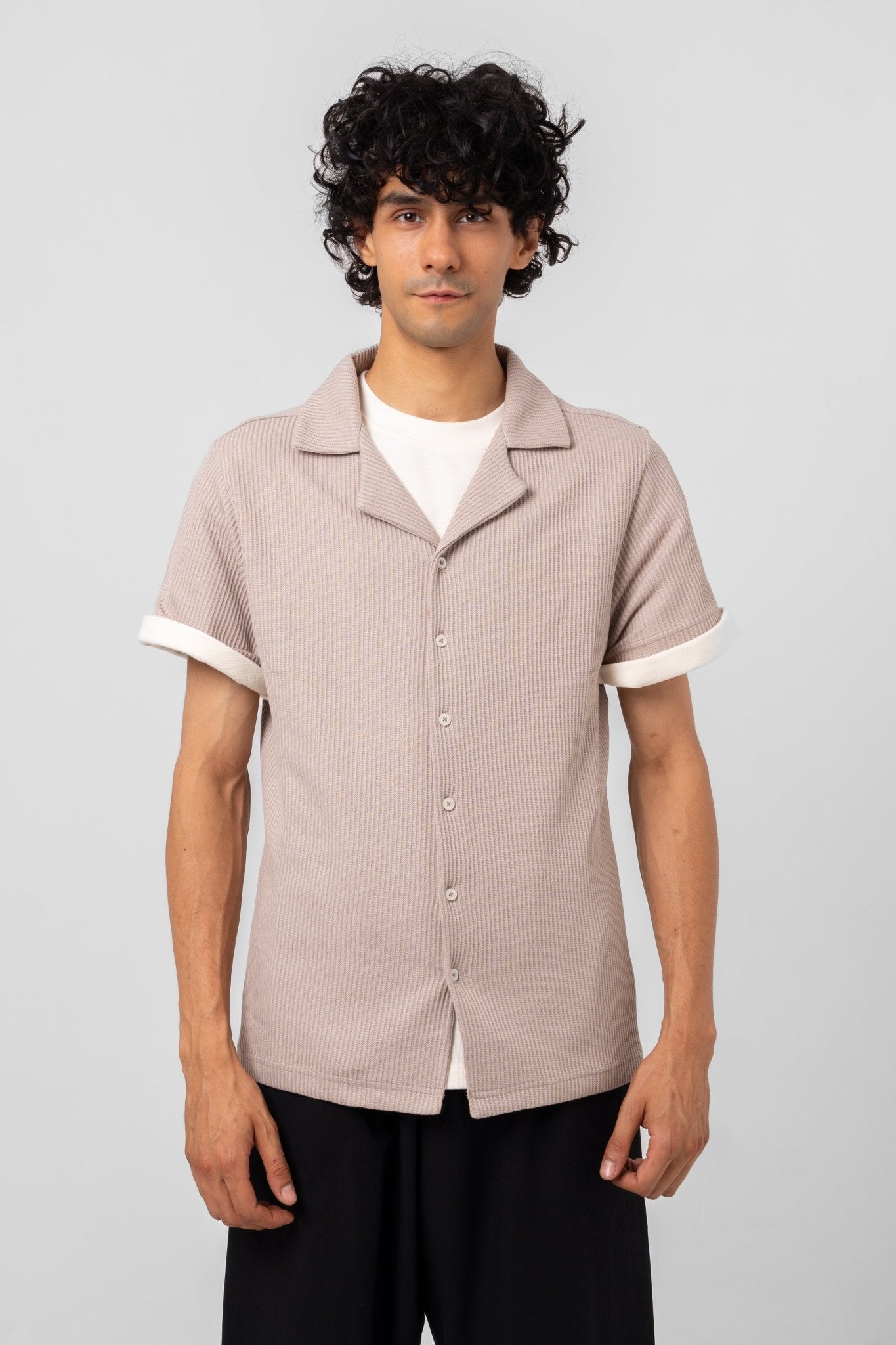 UNISEX WAFFLE CUBAN COLLAR SHIRT - SAND - KYT Fashion