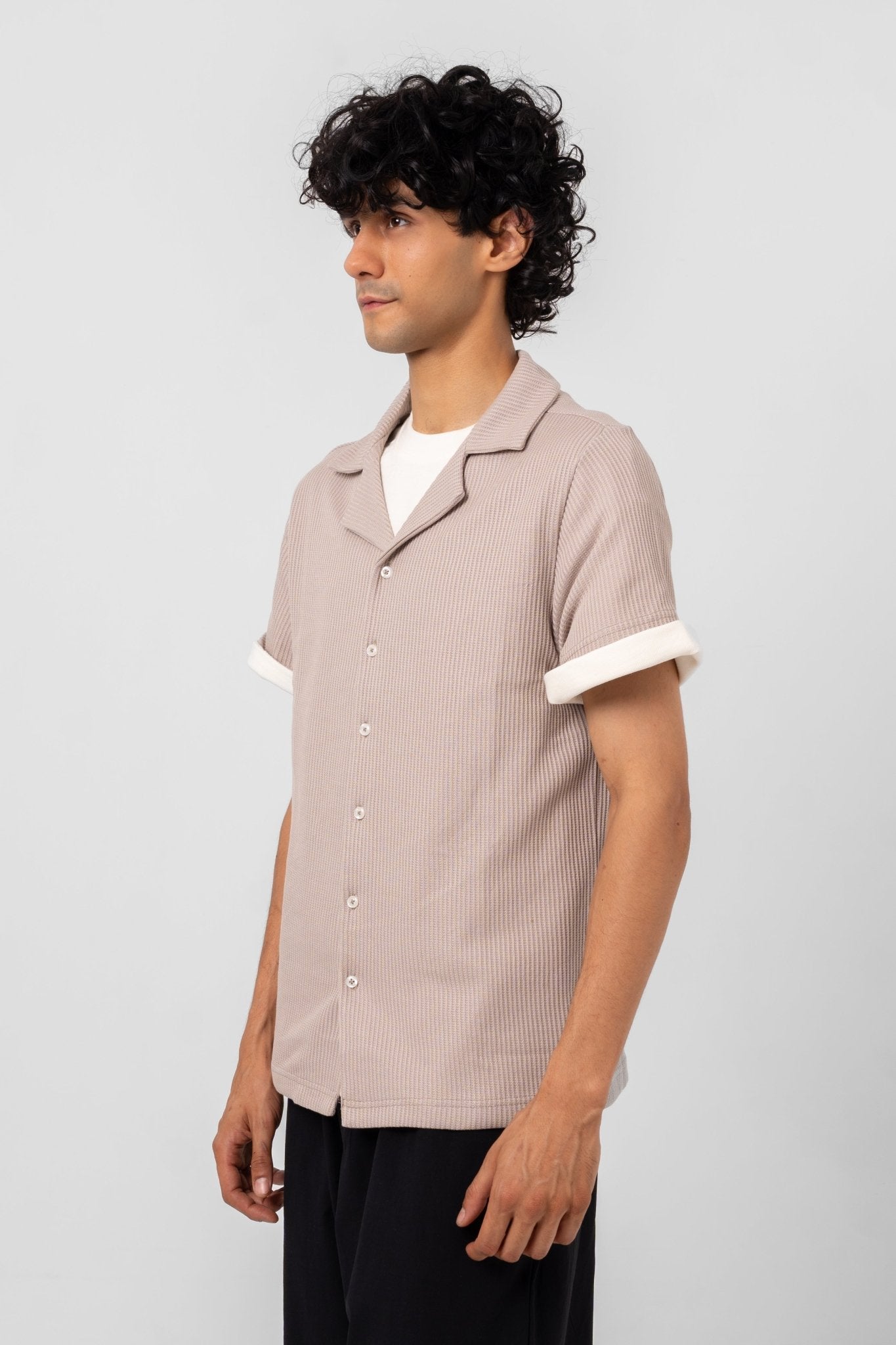 UNISEX WAFFLE CUBAN COLLAR SHIRT - SAND - KYT Fashion