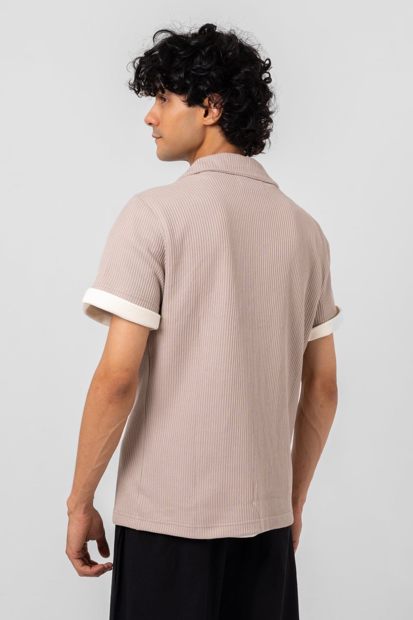 UNISEX WAFFLE CUBAN COLLAR SHIRT - SAND - KYT Fashion