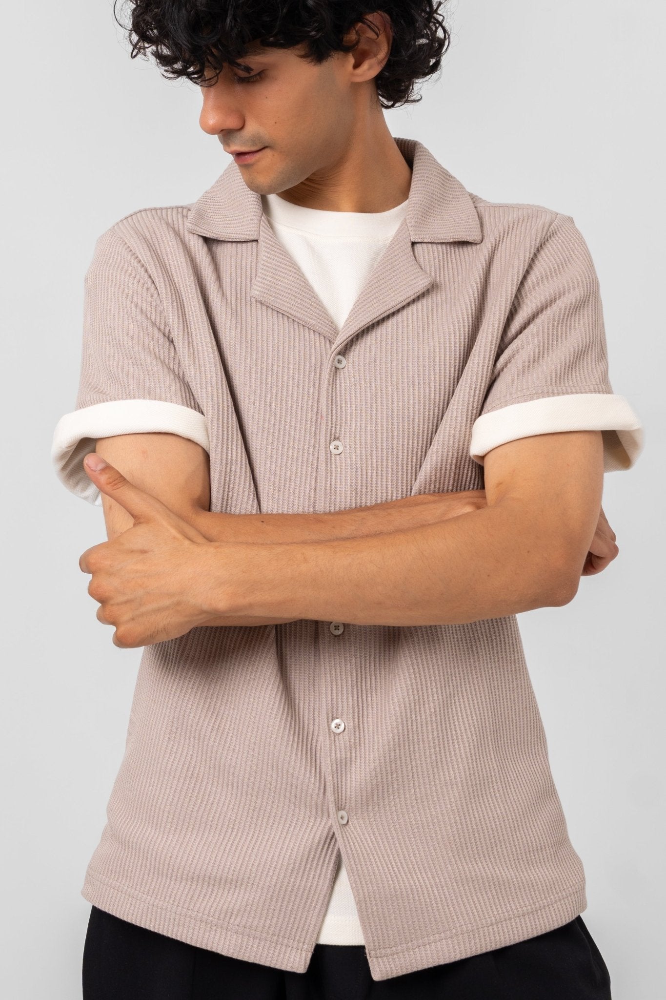 UNISEX WAFFLE CUBAN COLLAR SHIRT - SAND - KYT Fashion