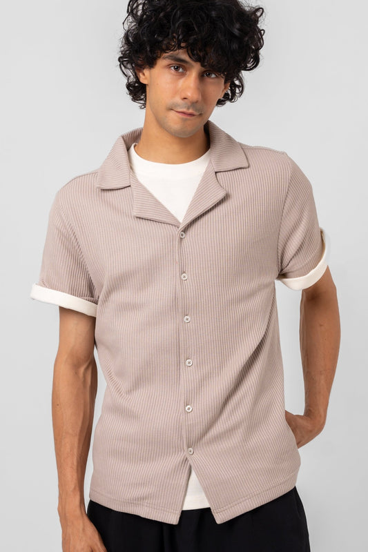 UNISEX WAFFLE CUBAN COLLAR SHIRT - SAND - KYT Fashion